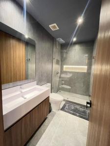 a bathroom with a sink and a toilet and a shower at Departmento Piso 48 Reforma in Mexico City