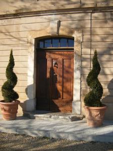 a wooden door with two potted trees in front of a building at Château du Grand Jardin in Valensole