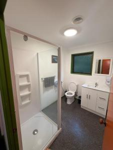 un bagno con doccia, WC e lavandino di The Whistling Frog Resort a Chaslands Altre 37 foto