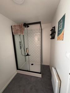 a shower with a glass door in a bathroom at La Casa del Rio in Durtal