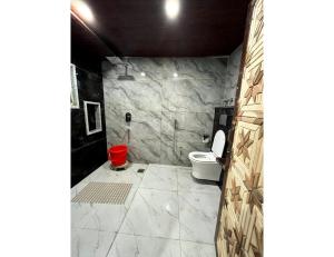 a bathroom with a toilet and a red bucket at Poshwan Guest House, Pahalgam in Pahalgām