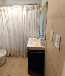 ein Badezimmer mit Waschbecken und Duschvorhang in der Unterkunft La Casa del Molino in Sierra de la Ventana