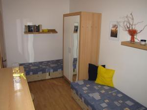 ein kleines Schlafzimmer mit 2 Betten und einem Schrank in der Unterkunft Apartment D2 Oscadnica in Oščadnica