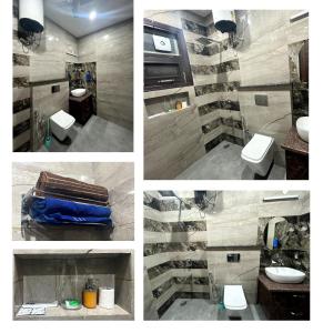 a collage of four pictures of a bathroom at Jastej House 2 in Chandigarh Airport