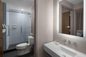a bathroom with a toilet and a sink and a mirror at Cambria Hotel New York - Chelsea in New York