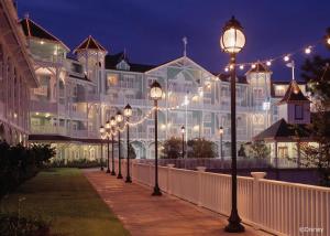 a row of street lights in front of a large building at Disney's Beach Club Resort in Orlando