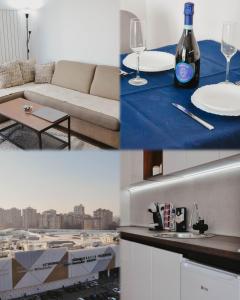 a collage of photos of a living room with a bottle of wine at Planet Residence Royal Studio & SPA in Niš