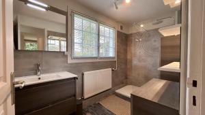 ein kleines Badezimmer mit Waschbecken und Spiegel in der Unterkunft Charmante longère - Havre de paix avec jardin et cheminée in Sallenelle