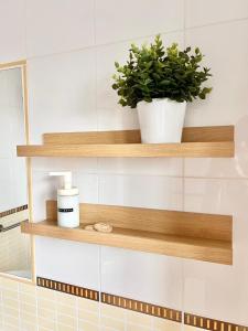 a bathroom with wooden shelves and a potted plant at Villa Majanicho Outside con piscina in Majanicho
