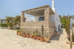 a group of potted plants in front of a building at Harma Blue Paros in Ambelas