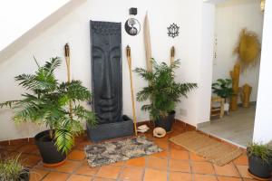 a room with potted plants and a clock on the wall at Calas De Meca in Los Caños de Meca