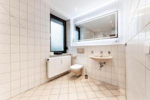 a bathroom with a toilet and a sink and a mirror at Monteurwohnung Dresden-Klotzsche I in Dresden