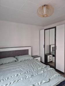 a bedroom with a large bed and a mirror at Appartement cœur de ville in Lorient