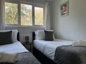 two beds in a room with two windows at 3 Bed House Close to Gatwick in Crawley