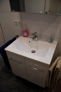 ein weißes Waschbecken im Bad mit Spiegel in der Unterkunft Aaltine 1 in Bad Bentheim