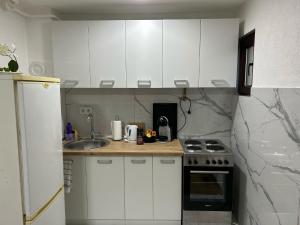 a small kitchen with white cabinets and a sink at Apartment Ramdedovic1 in Sarajevo