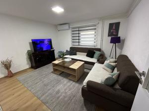 a living room with a couch and a tv at Apartment Ramdedovic1 in Sarajevo +14 photos