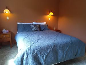 a bedroom with a blue bed with two lights on the wall at The Willow - Hanmer Springs Holiday Home in Hanmer Springs