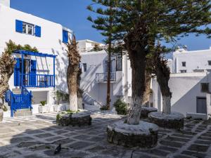 a group of trees in front of a building at Plateia House Mykonos in Mikonos