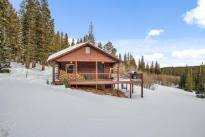 una cabaña de madera en la nieve en el bosque en Amazing Secluded Cabin On 10 Acres, Close To Breck, en Fairplay