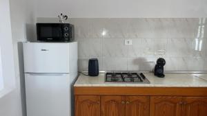 a kitchen with a white refrigerator and a microwave at Casa Elenita in La Oliva +3 photos