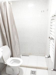 a white bathroom with a toilet and a shower at High Hostel in Budva