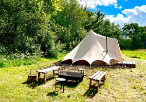 HemyockLickham Bottom Camping的帐篷配有长椅和野餐桌 更多37张照片