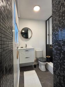 Un baño con inodoro, lavabo y espejo. en Agréable studio avec terrasse, en Rouen