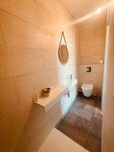 a bathroom with a sink and a toilet at La Galerie, suite pour 2 personnes avec chambre supplémentaire possible in Saint-Fargeau +24 photos