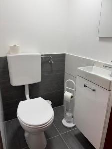 Un baño con un inodoro blanco y un lavabo. en Ferienhaus Schouhfranzen, en Gornhausen