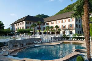 a resort with a swimming pool and a palm tree at Hôtel Les Grillons in Talloires