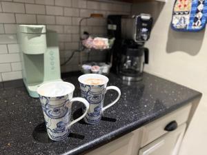 two cups of coffee sitting on a kitchen counter at High Rock Haven in Lexington +71 photos
