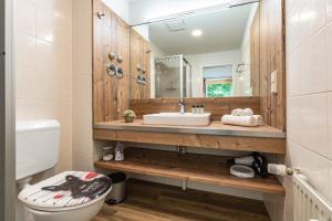 a bathroom with a sink and a toilet and a mirror at Strandtraum Lobbe Fewo 20 bis 4 Personen, auf Anfrage mit Strandkorb in Lobbe +15 photos