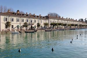 a group of birds in the water in front of a building at Dalma in Peschiera del Garda