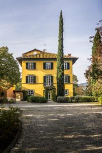 een geel huis met een boom ervoor bij Villa Pacini - just 1,8 km outside Lucca Wall - Pool in Lucca