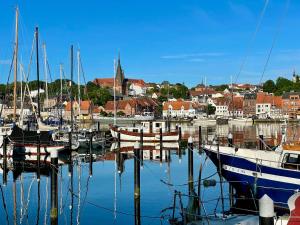 eine Reihe von Booten liegen in einem Hafen vor Anker in der Unterkunft Ferienapartment schön hier in Glücksburg