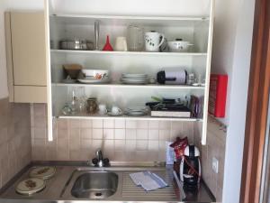a kitchen with a sink and a shelf with dishes at Casa Balwin in Ponte Tresa