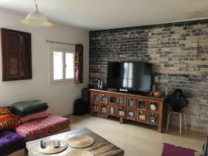 a living room with a tv on a brick wall at Maison de ville avec jardin in Nice
