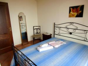 a bedroom with a bed with blue sheets and a mirror at Villa Tramonto Capo d'Orlando in Naso +21 photos