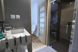 a bathroom with a sink and a shower with a mirror at BORSZÓWKA Dom Nad Potokiem - Pensjonat in Szklarska Poręba +65 photos
