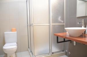 un bagno con doccia, WC e lavandino di Hotel San Giorgio a Capitán Pastene Altre 37 foto