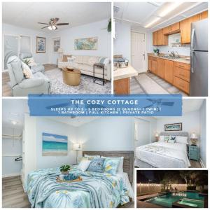 un collage di quattro immagini di una camera con due letti di Cozy Cottage Pool Home close to Beaches a Melbourne