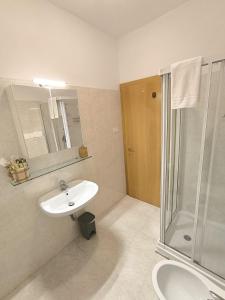 une salle de bain avec un lavabo et une douche dans l'établissement Segantini 48, à Arco
