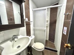 a bathroom with a toilet and a sink and a shower at Hotel BRISAS DEL MAR CENTRO HISTORICO in Santa Marta +66 photos
