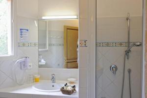 a bathroom with a sink and a shower at Hôtel Palombaggia in Porto-Vecchio