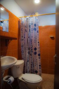 a bathroom with a toilet and a sink and a shower at Hotel La Casona Ituango in Ituango