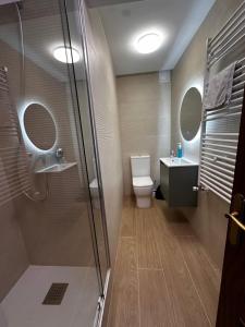 a bathroom with a shower and a toilet and a sink at Duplex De los Reyes Católicos con parking incluido in Burgos