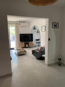 a living room with a television and a couch at Le Domaine de la Pinède in Montferrier-sur-Lez