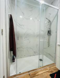 a shower with a glass door in a bathroom at Apartamento centro histórico Porto in Porto +28 photos