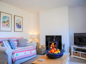 a living room with a couch and a fireplace at 15 Beadon Road in Salcombe
